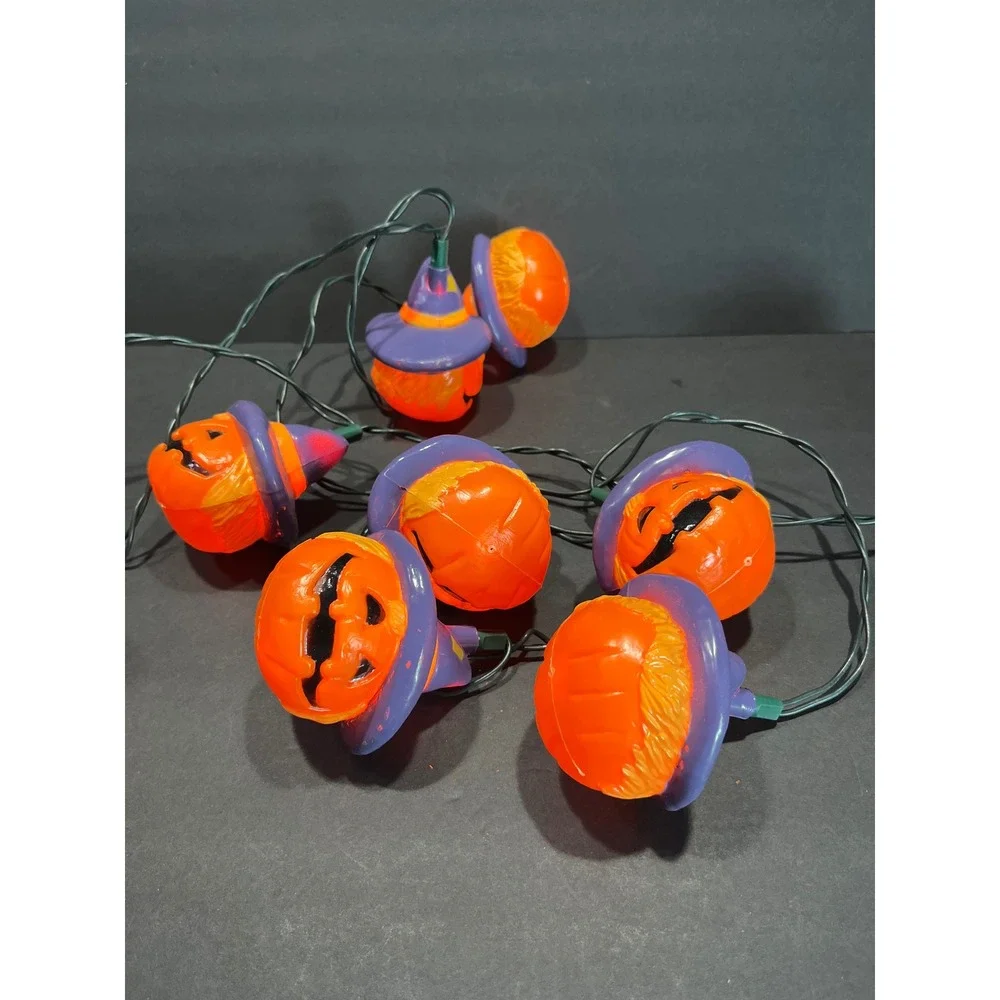 Vintage Halloween Pumpkin Witch Hat String Lights Blow Mold 10 Count Orange